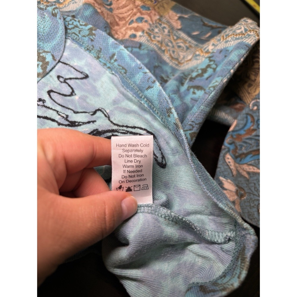 Vintage Grunge Y2K Textured Patchwork Lace Print 3/4 Sleeve Top Teal Tan M - Picture 9 of 12